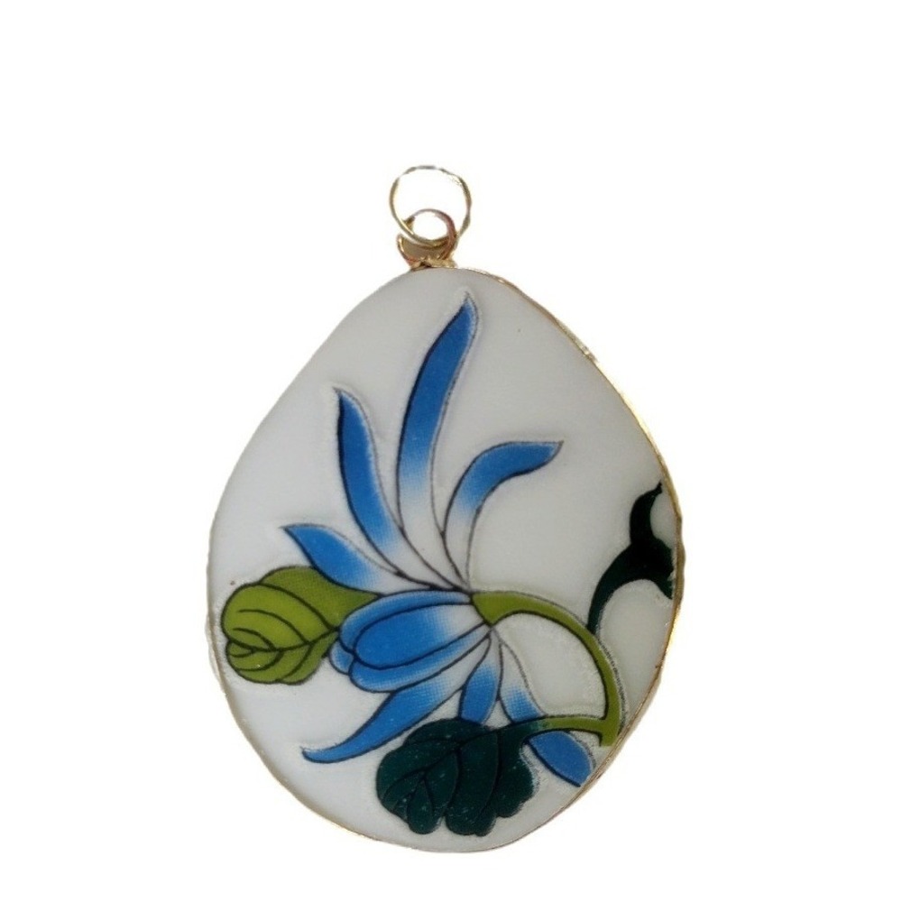 Blue Lotus Flower Water Lily Pendant Floral Teardrop Pottery Shard Focal Jewelry